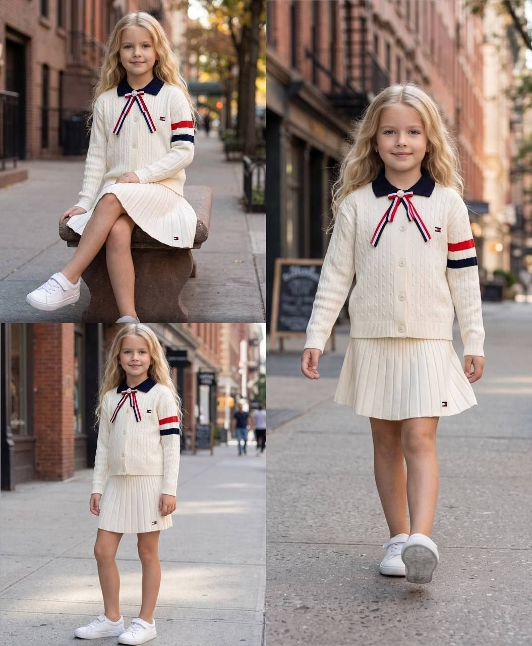 Preppy Knit Cardigan and Pleated Skirt White Set - Kids Girls (3-12Y)