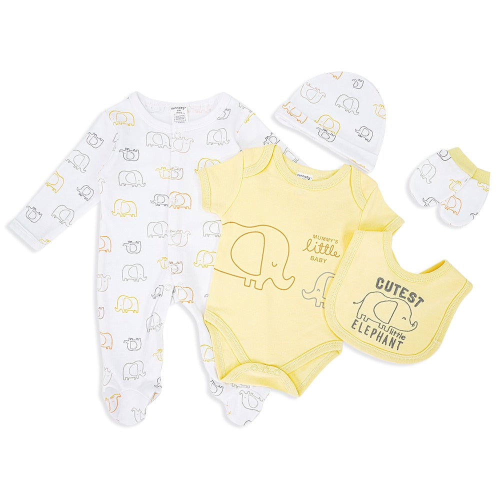 Newborn Baby  5 Piece Cotton Set - Elephant Design  – (Newborn – 6 M)