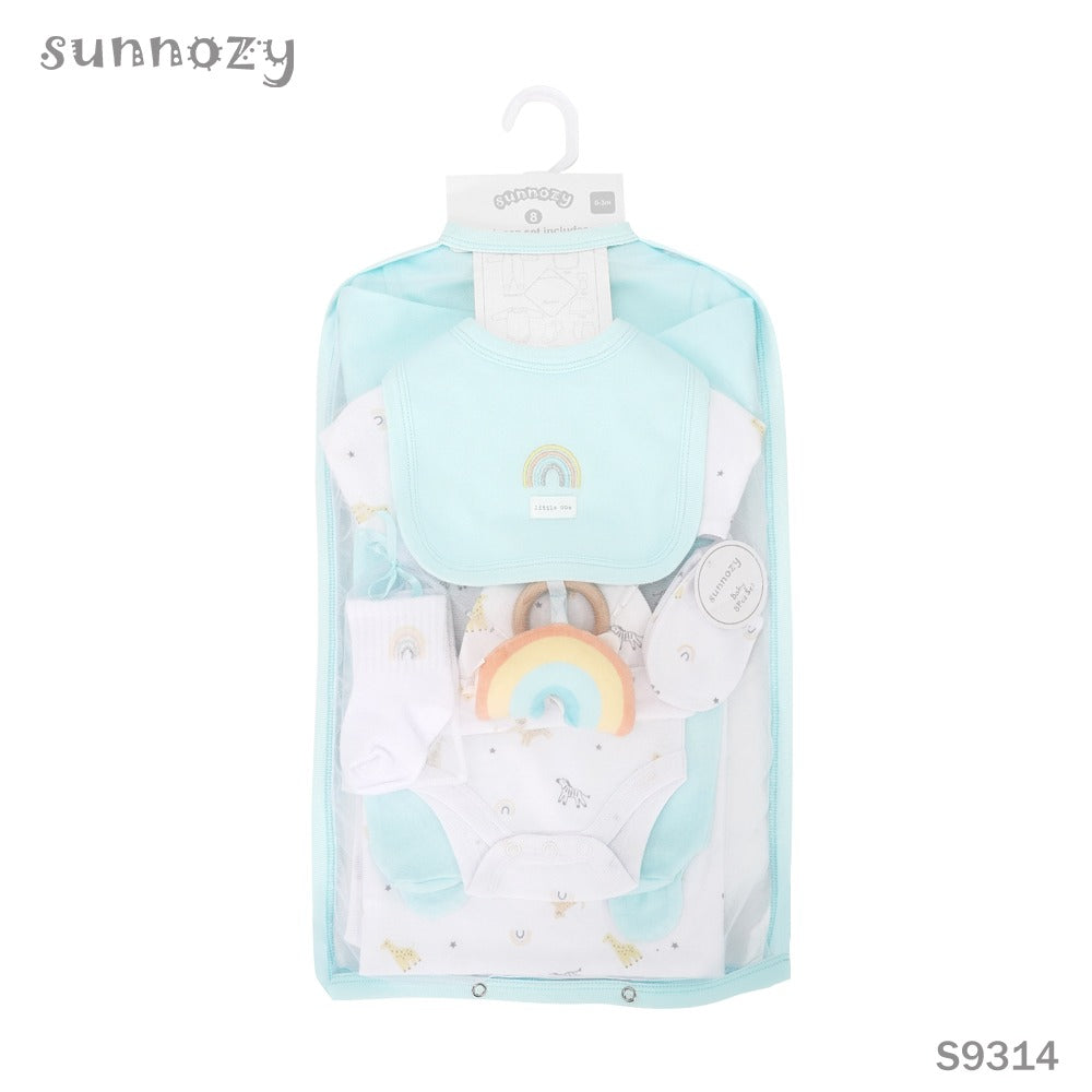 Newborn Baby 8 Piece Cotton Set  with toy– Giraffe and Rainbow  – (Newborn – 6 M)