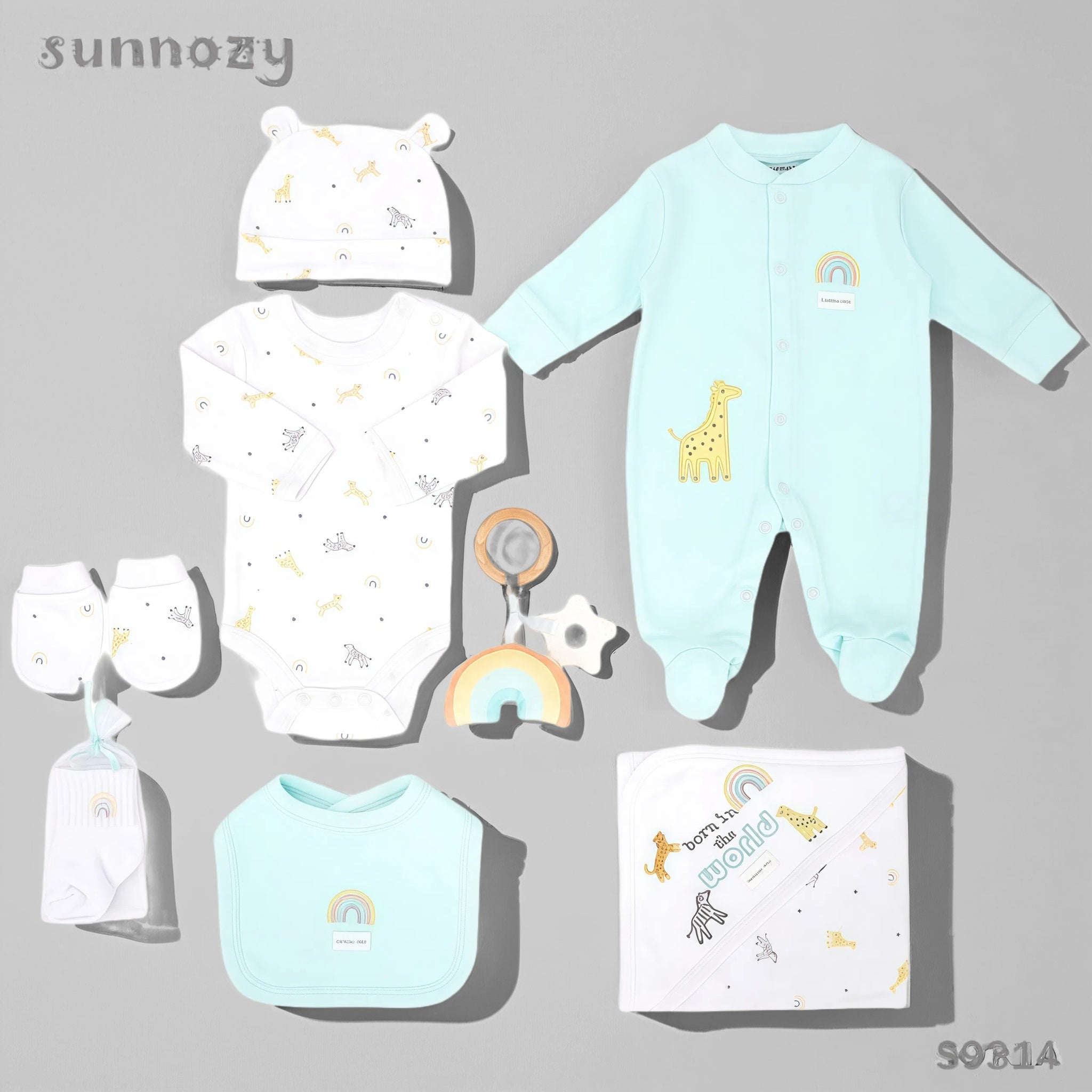 Newborn Baby 8 Piece Cotton Set  with toy– Giraffe and Rainbow  – (Newborn – 6 M)