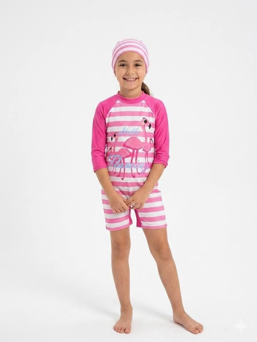 Pink Flamingo Striped Swimsuit Set- Kids Girls (Ages 4-12)