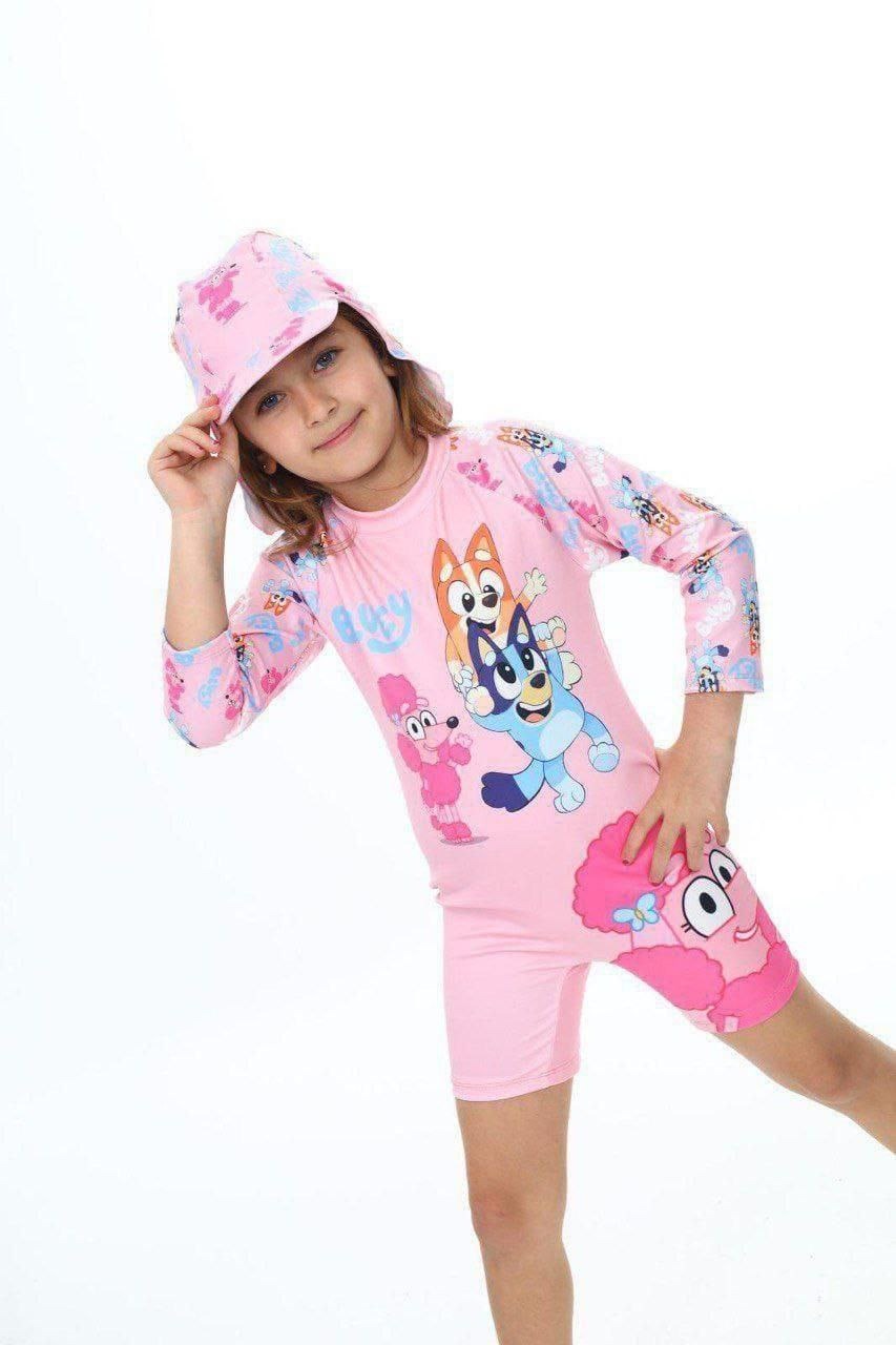 Bluey and Friends Pink Long-Sleeve Swimsuit Set- Kids Girls (Ages 2-10)