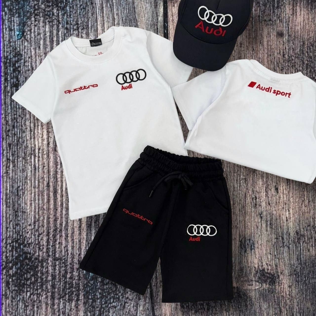 Audi Sport Kids White Sleek T-Shirt, Shorts and Cap Set - Kids Boys/Teens (Age 2-16)