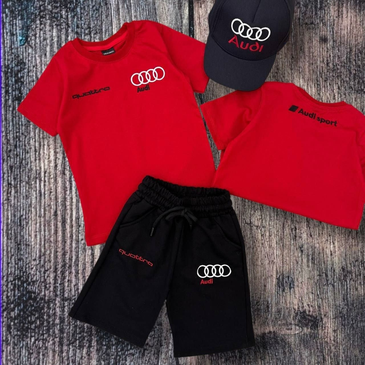 Audi Sport Kids Red Sleek T-Shirt, Shorts and Cap Set - Kids Boys/Teens (Age 2-16)