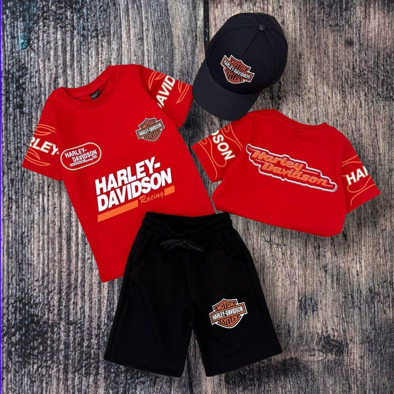 Harley Davidson Boys Racing Graphic Red Tee and Shorts Set - Kids Boys/Teens (Age 2-16)
