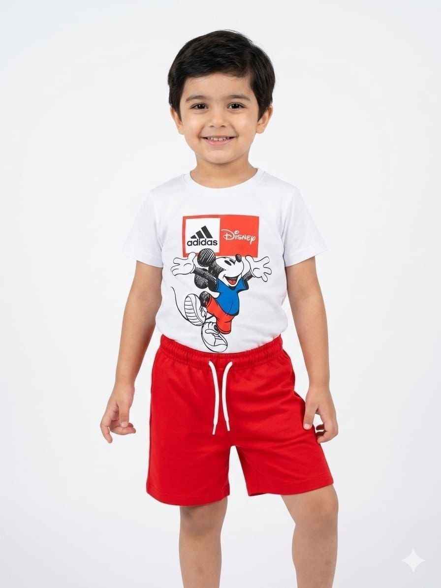 ADIDAS Mickey Mouse White Tee and Red Shorts Summer Set – Kids Boys (Ages 3 to 10)