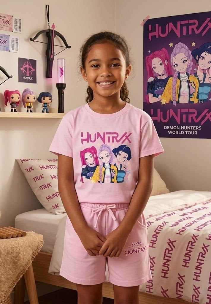 Huntrx K-Pop Kids Pink T-Shirt and Pink Shorts Set - Kids Girls (Age: 5-14Y)