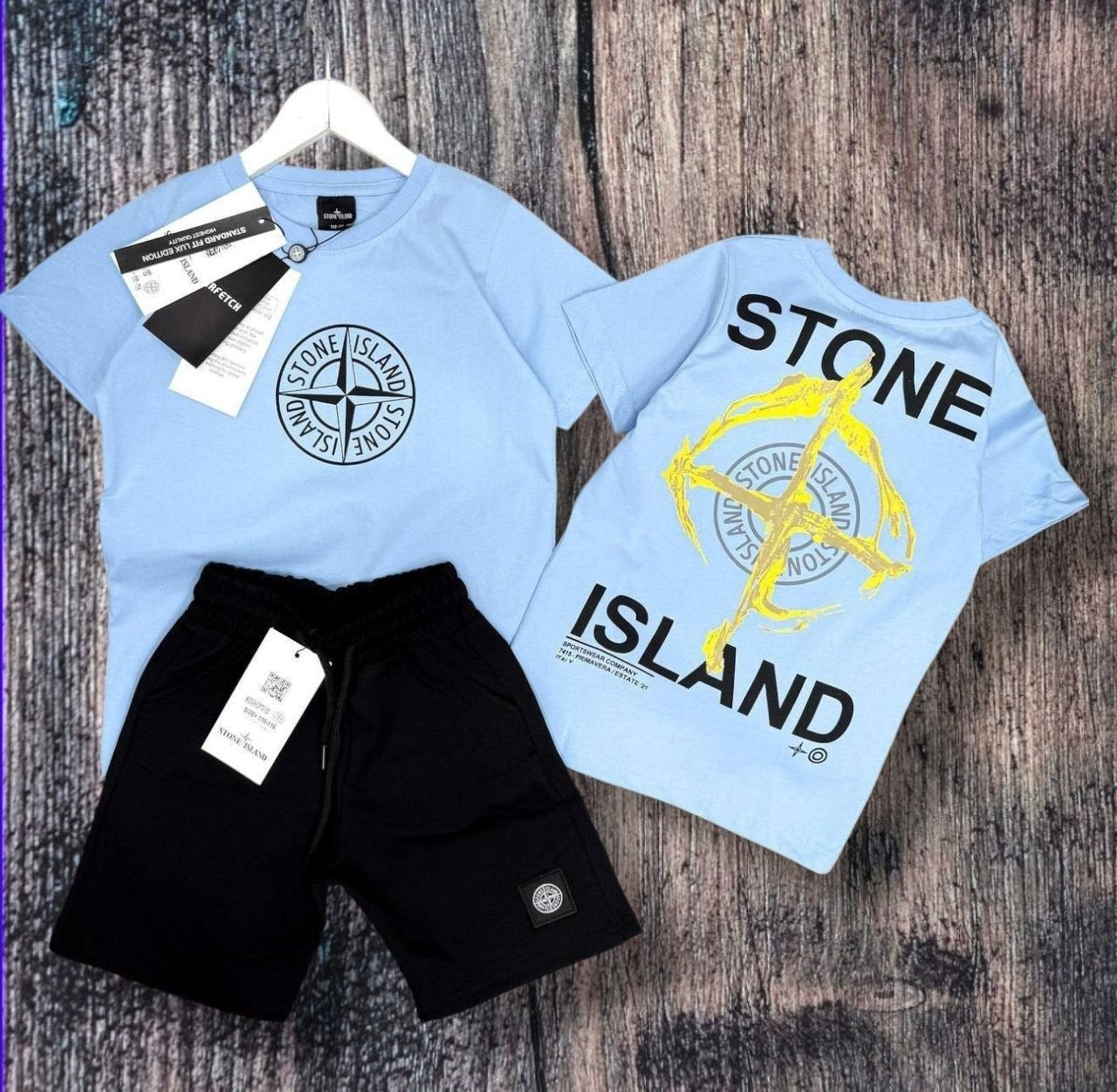 Stone Island Short-Sleeve Tee Shorts Light Blue Summer Set –– Kids Boys (Ages 2 to 15)