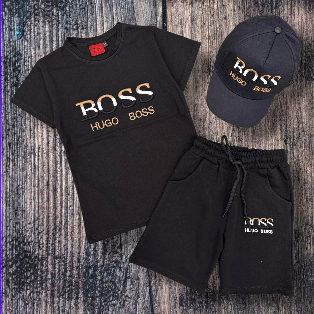 HUGO Boss Gold-Logo Tee, Shorts and Cap Black Summer Set –– Kids Boys (Ages 2 to 15)