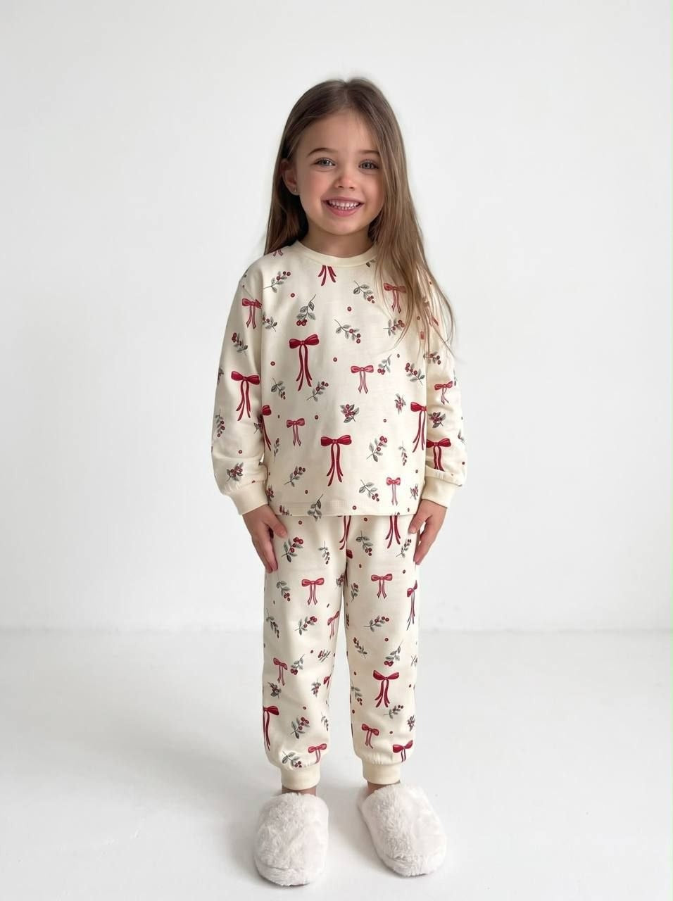 Girls Cream Red Bow and Holly Berry Pajama - Kids Girls (Ages 9-13)