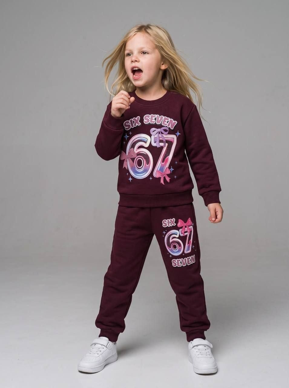 Kids Burgundy Ribbon "67" Sweatshirt and Joggers Set - Girls (3 -10Y)