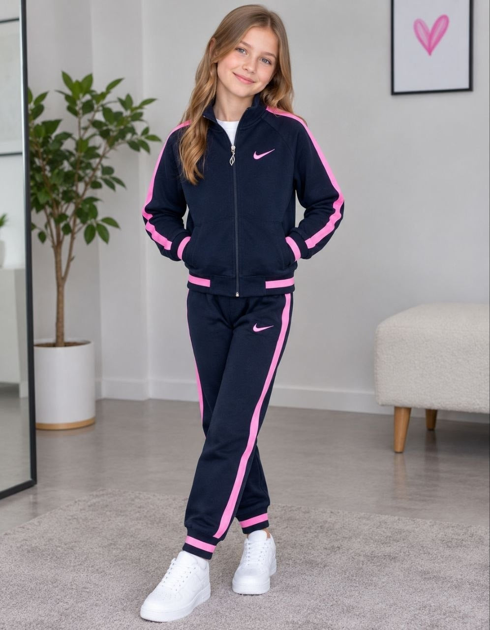 Girls Premium Navy and Pink Zip-Up Tracksuit Set- Girls (7 -16Y)