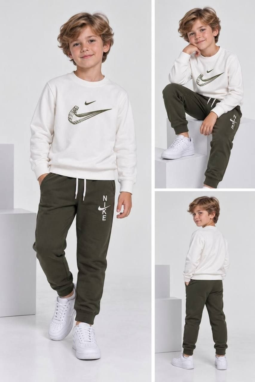 Nike Cream and Olive Green Sweatshirt Set (3 -12Y)