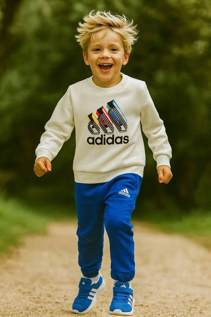Adidas Cream and Blue Sweatshirt Set - Boys (3-12Y)