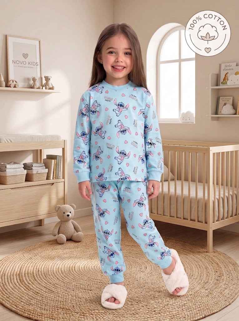 Girls Blue Stitch Long-Sleeve Pajama - Kids Girls (Ages 4 -13)
