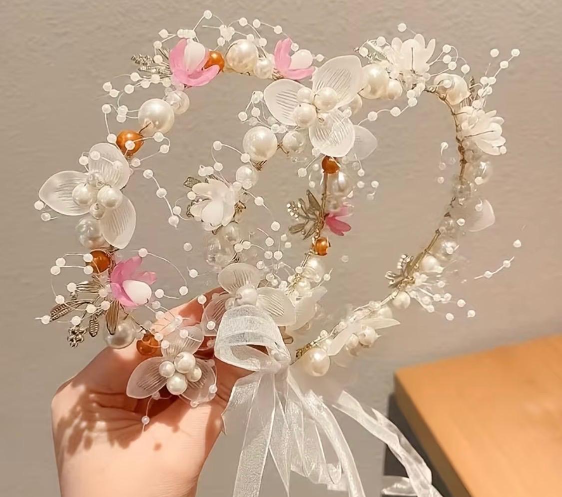 Floral Pearl Crown Headband (White & Pink) - Kids Girls