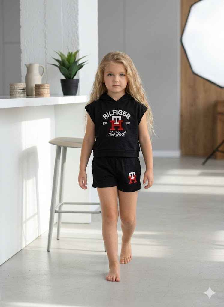 Tommy Hilfiger Girls Black Sleeveless Hoodie and Shorts Set - Kids Girls (Age: 4-15Y)