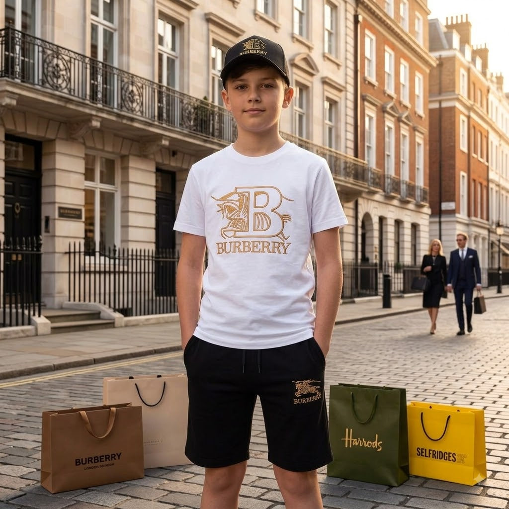 Burberry Gold-Monogram Tee and Shorts White Summer Set –– Kids Boys (Ages 2 to 15)