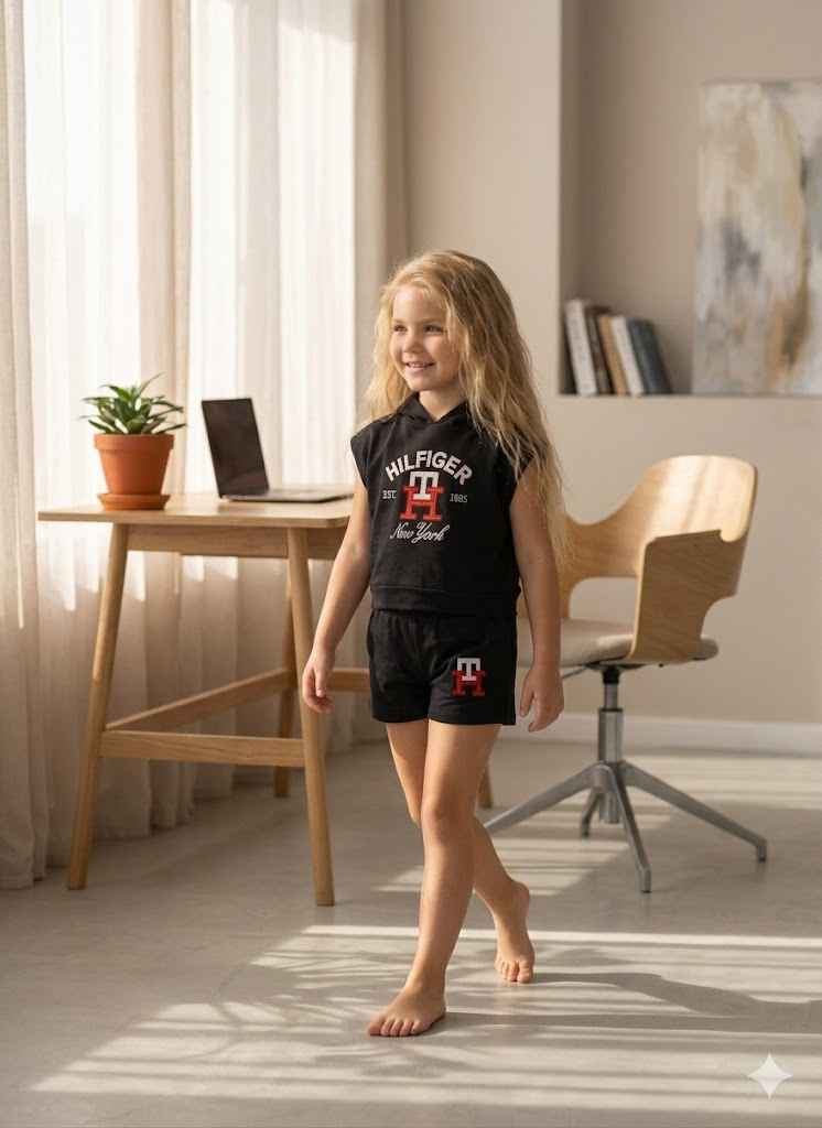 Tommy Hilfiger Girls Black Sleeveless Hoodie and Shorts Set - Kids Girls (Age: 4-15Y)