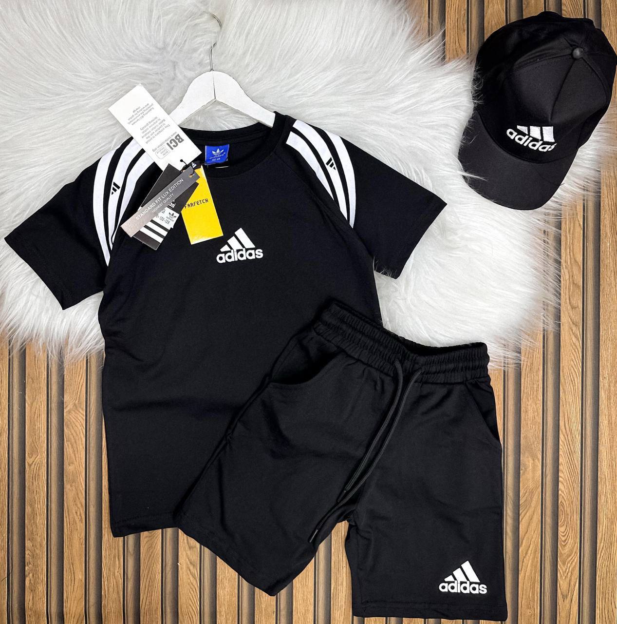 Adidas Boys’ Black  Set Top, Short and Hat- Kids Boys (3PCs)