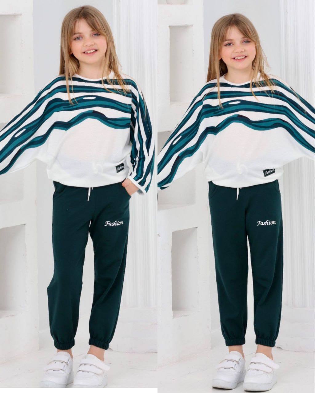 طقم ملابس نوم أنيق "عصري" باللون الأخضر الغامق - للبنات (قطعتان)