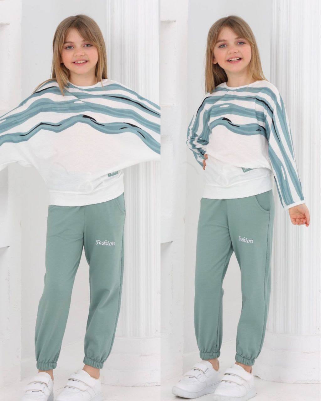 Stylish "Fashion" Loungewear Outfit Set Sage Green  - Kids Girls (2PCs)