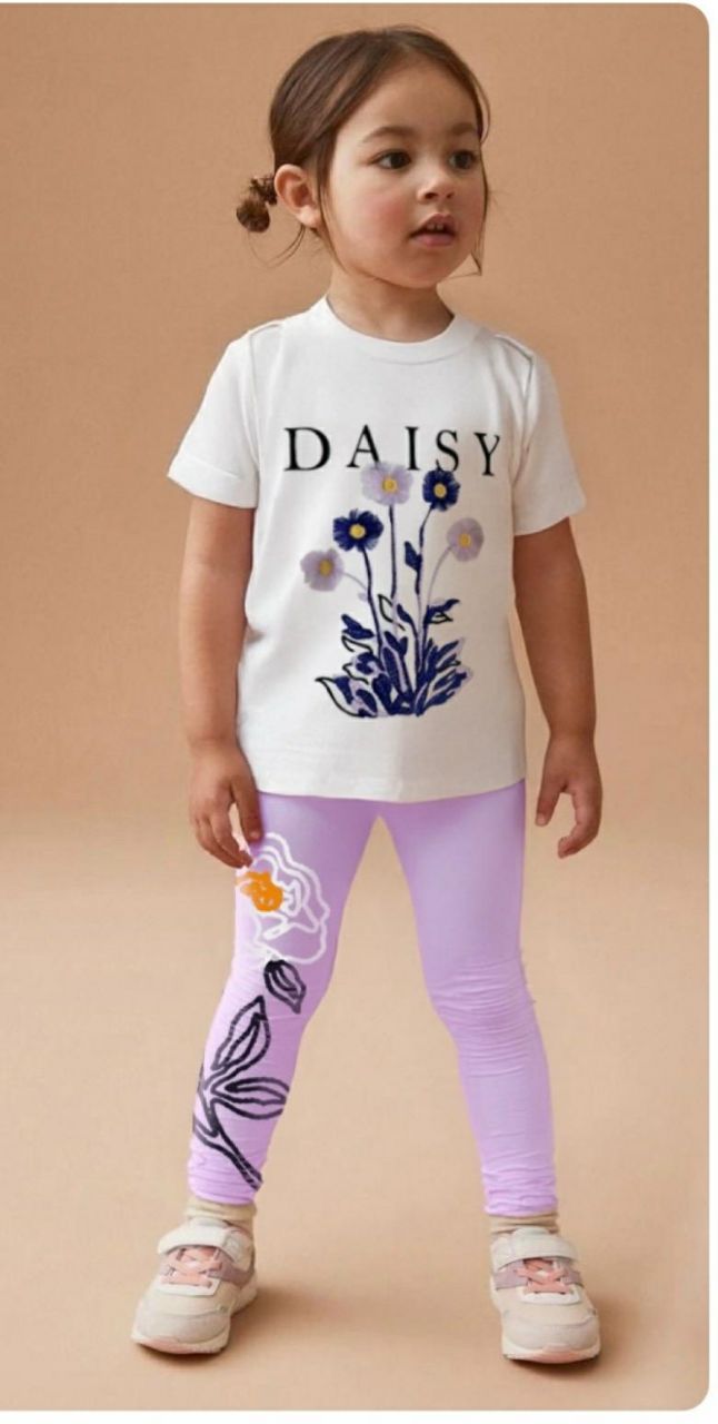 طقم تي شيرت وبنطال ضيق مطرز بنقشة ديزي للبنات - أطفال بنات