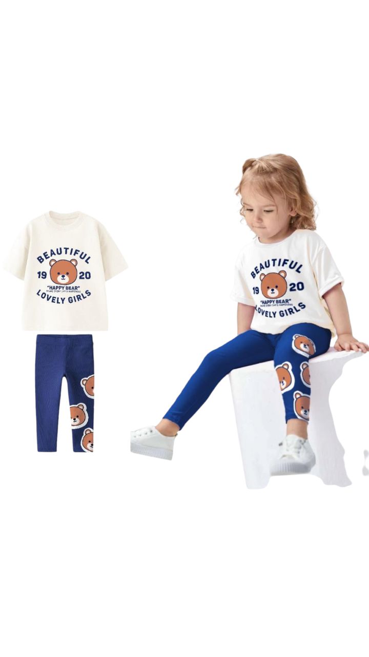 Happy Bear Girls' 2-Piece Outfit – T-Shirt and Leggings - Kids Girls