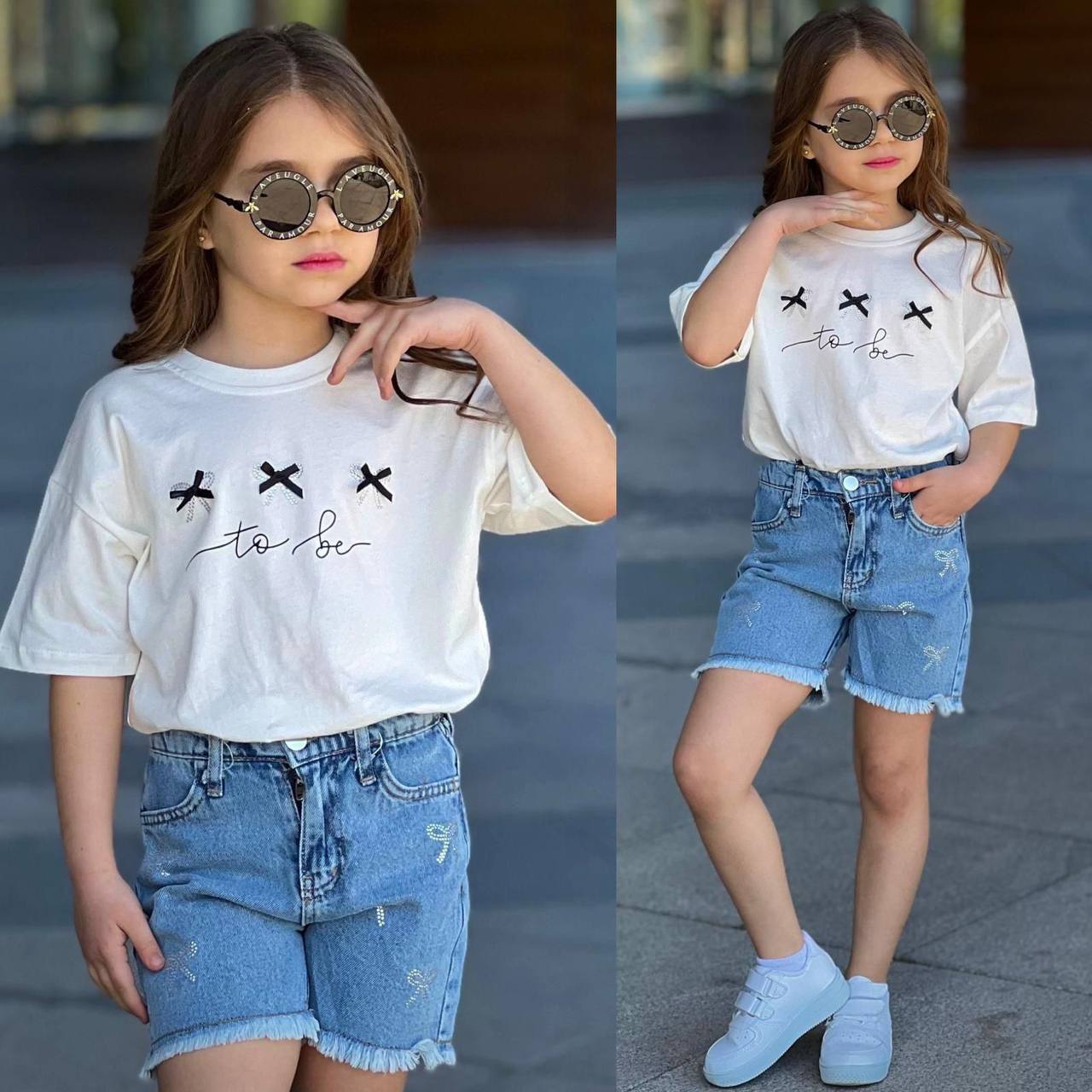 Chic Bow Tee and Denim Shorts Summer Set   -  Kids Girls