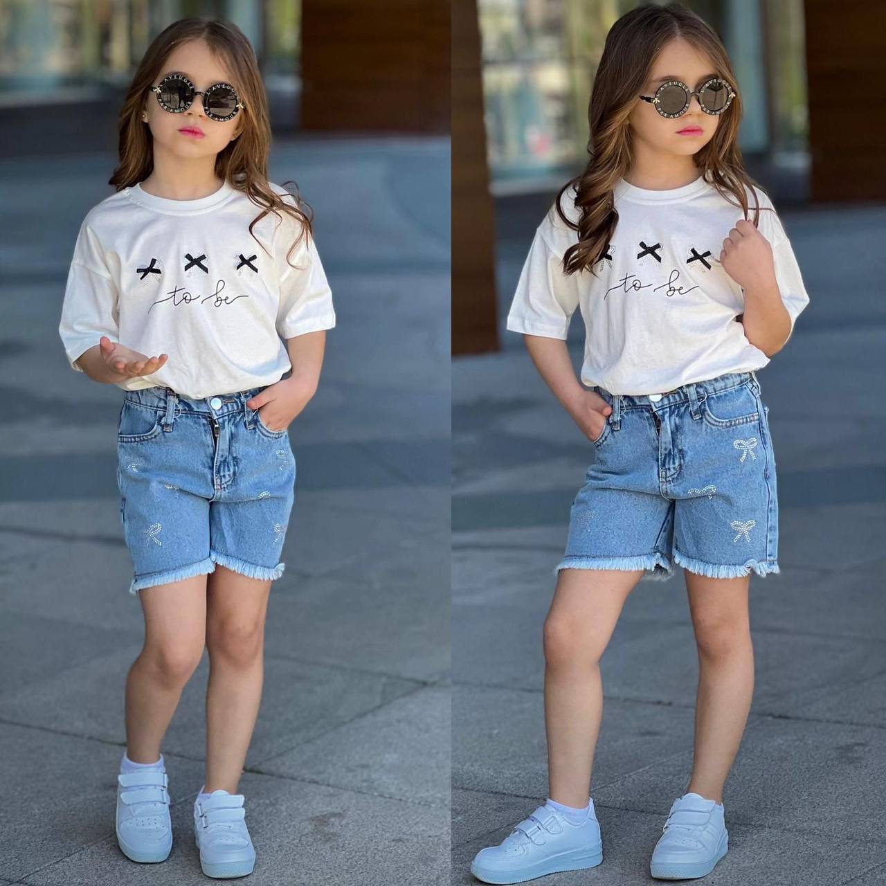 Chic Bow Tee and Denim Shorts Summer Set   -  Kids Girls