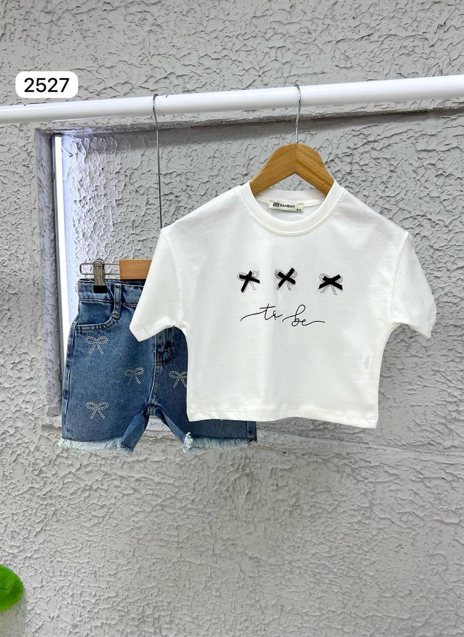 Chic Bow Tee and Denim Shorts Summer Set   -  Kids Girls