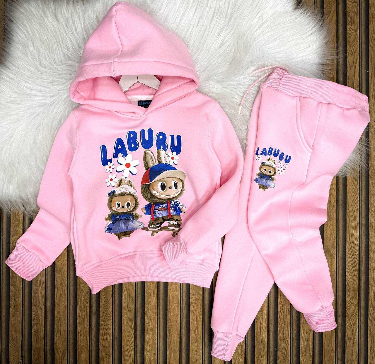 Labubu 2 Piece Pink Hoodie and Joggers Tracksuit Set (Fleece Inside) - Kids/Teens Girls (2PCs)