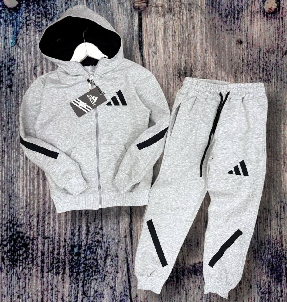 Adidas Hoodie and Joggers Kids Silver Tracksuit Set - Kids/Teens Boys (2PCs)