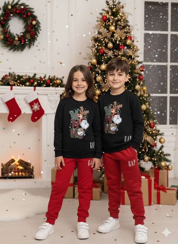 GAP Winter Christmas Black and Red Set Reindeer and Snowman Print - Kids Boys/Girls (3-12Y)