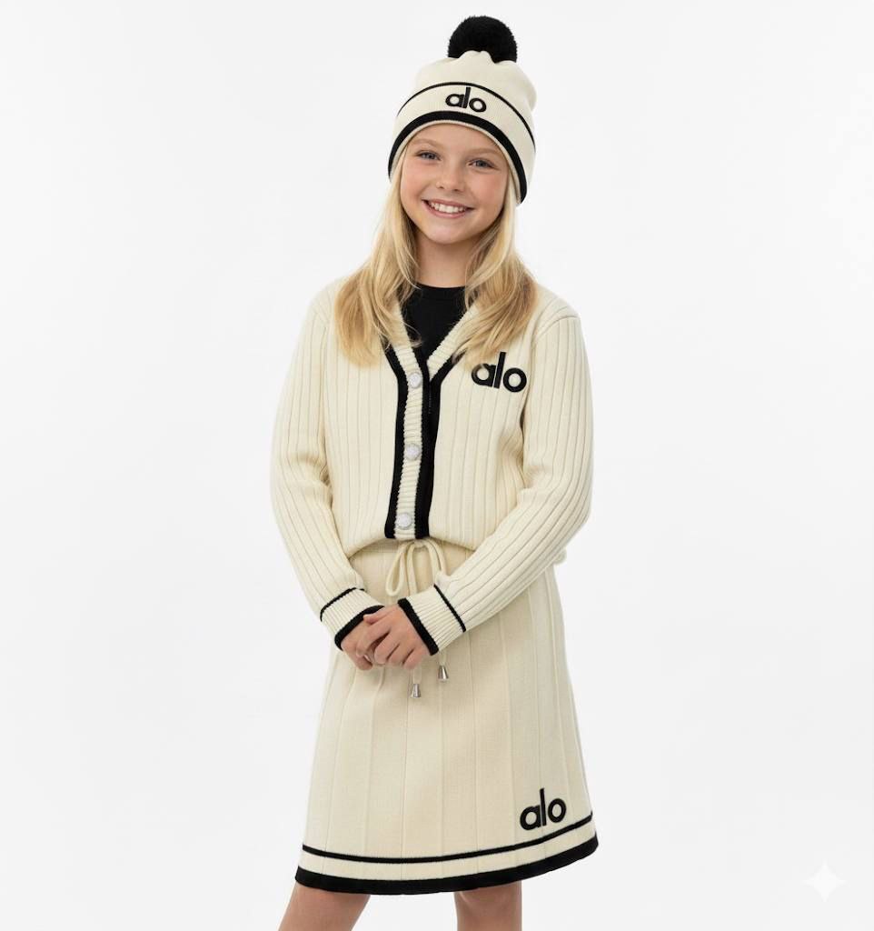 Alo Girls’ Premium Beige Knitted Cardigan, Skirt and Hat Set - Kids Girls (3-12Y)