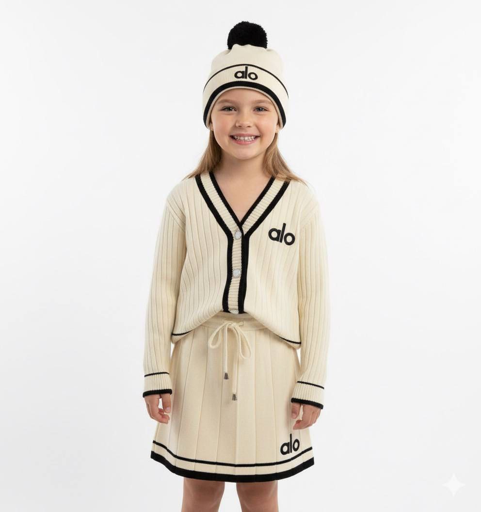 Alo Girls’ Premium Beige Knitted Cardigan, Skirt and Hat Set - Kids Girls (3-12Y)