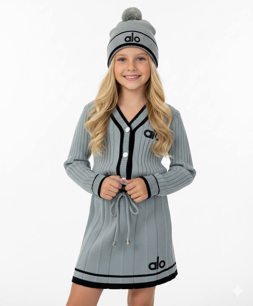 Alo Girls’ Premium Grey Knitted Cardigan, Skirt and Hat Set - Kids Girls (3-12Y)