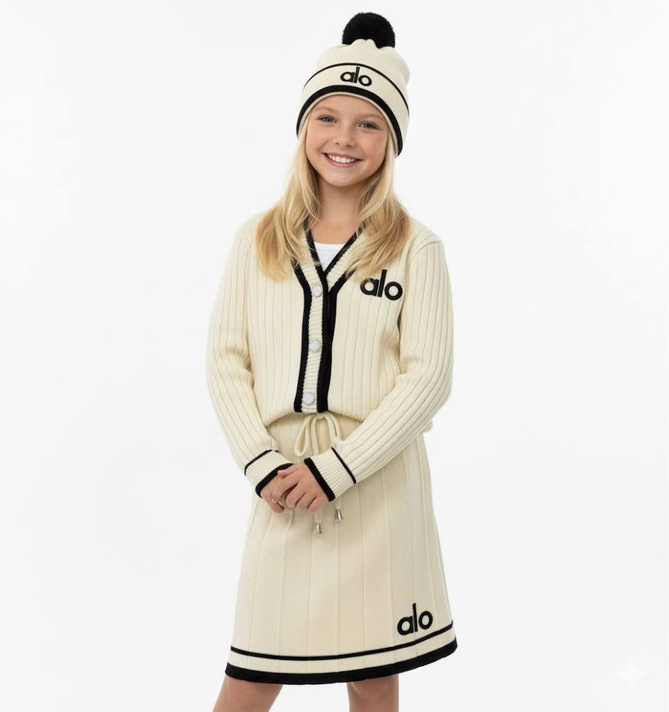 Alo Girls’ Premium Beige Knitted Cardigan, Skirt and Hat Set - Kids Girls (3-12Y)