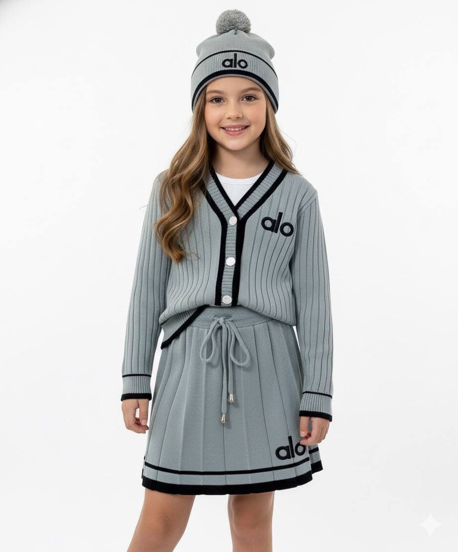 Alo Girls’ Premium Grey Knitted Cardigan, Skirt and Hat Set - Kids Girls (3-12Y)