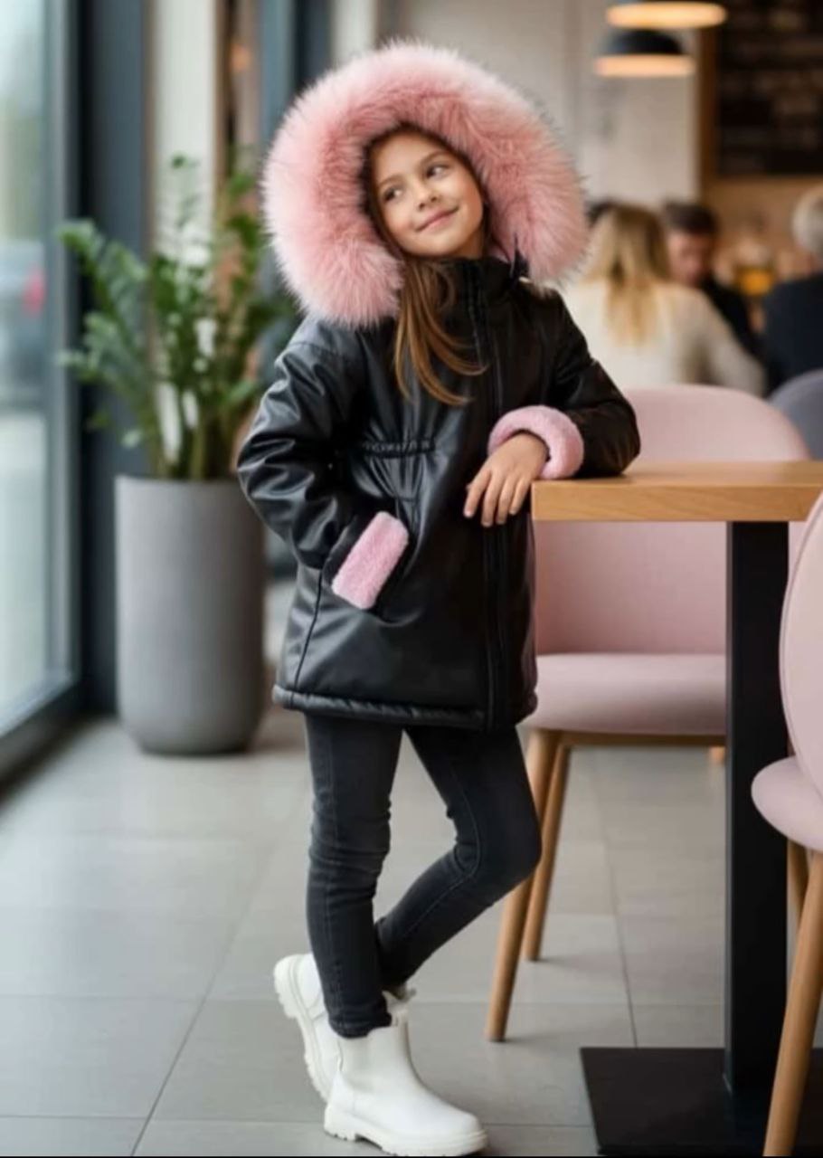 Girls’ Luxury Winter Leather Jacket with Pink Fur Hood - Kids Girls (5-13Y)