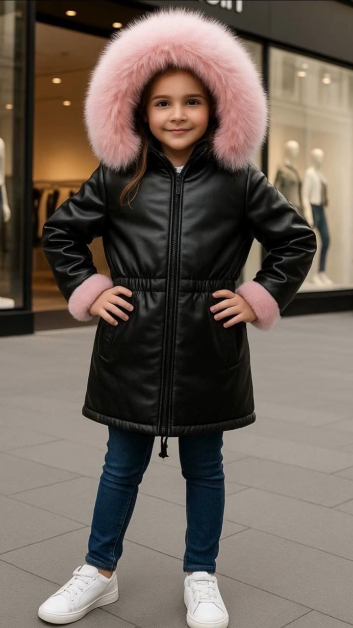 Girls’ Luxury Winter Leather Jacket with Pink Fur Hood - Kids Girls (5-13Y)