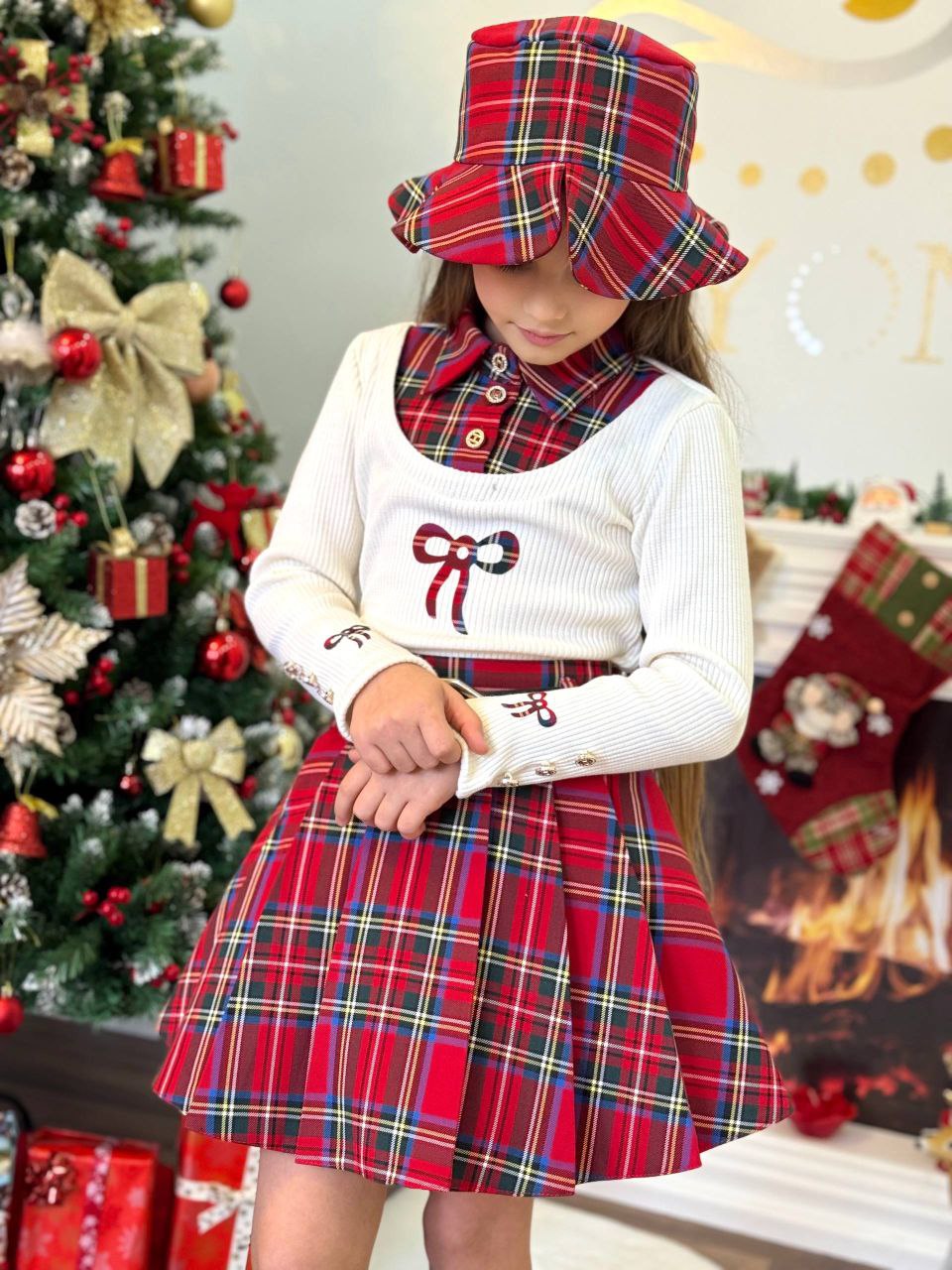 Girls’ Red Christmas Plaid Skirt and Top Set – Elegant Holiday Outfit - Kids Girls (5-10Y)