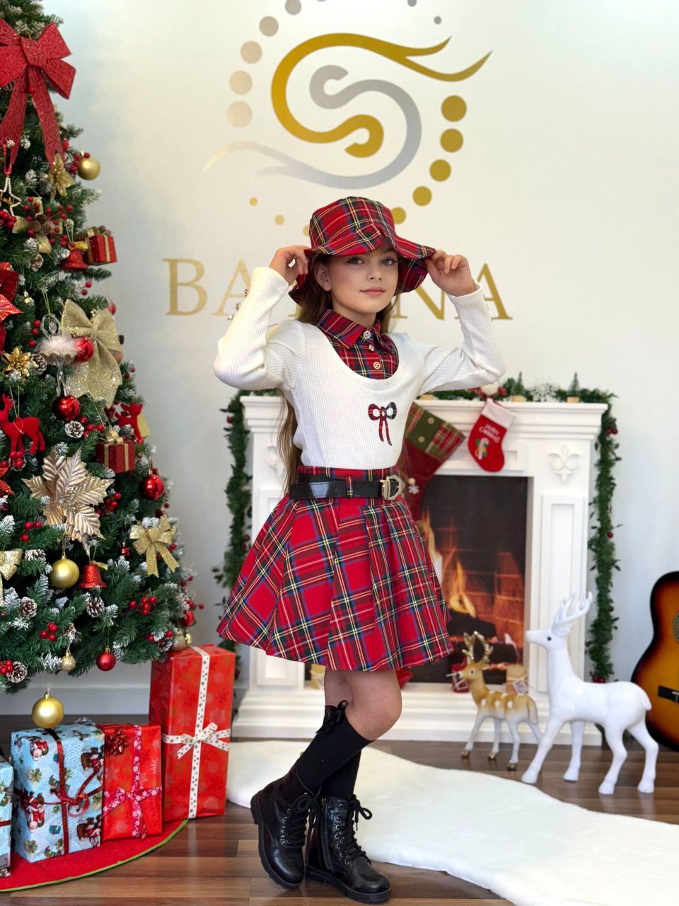Girls’ Red Christmas Plaid Skirt and Top Set – Elegant Holiday Outfit - Kids Girls (5-10Y)