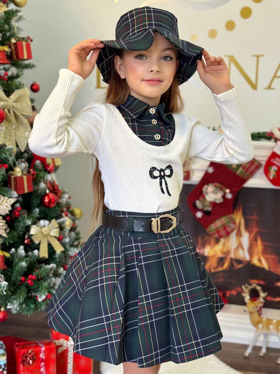 Girls’ Green Christmas Plaid Skirt and Top Set – Elegant Holiday Outfit - Kids Girls (5-10Y)