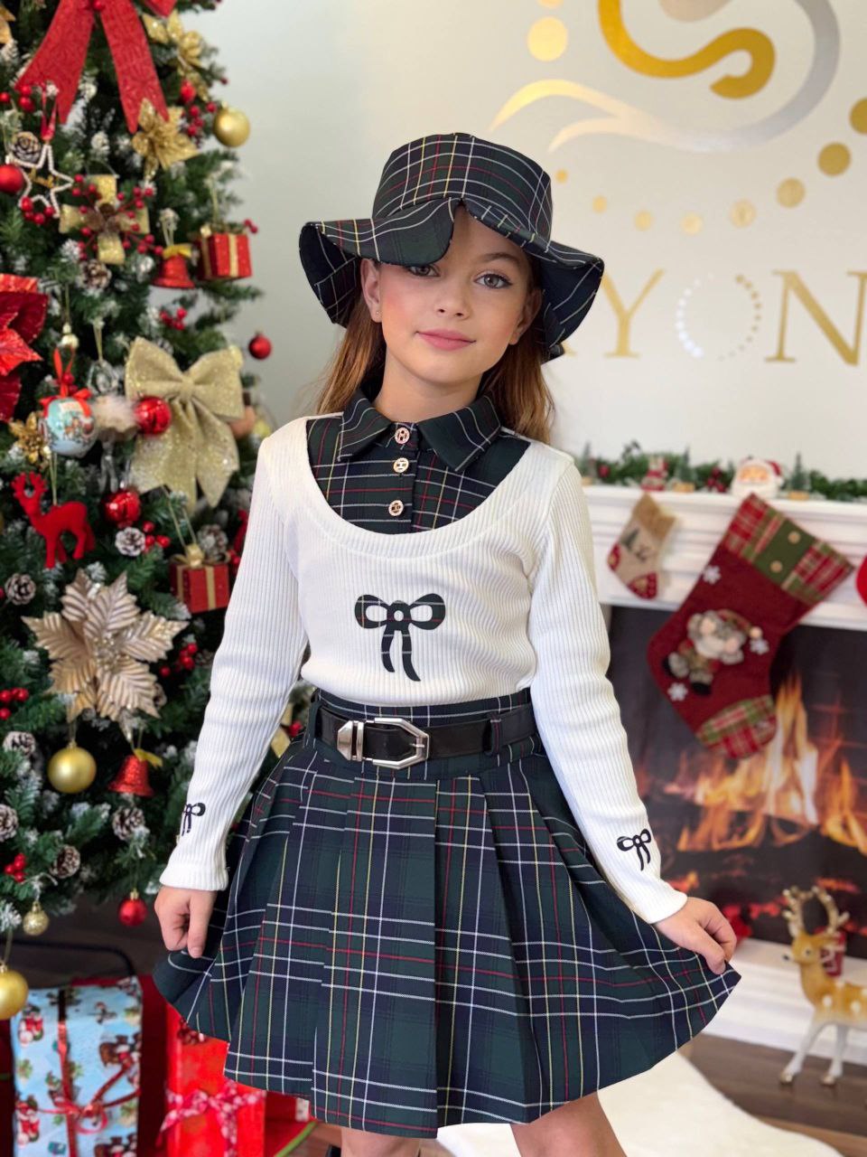 Girls’ Green Christmas Plaid Skirt and Top Set – Elegant Holiday Outfit - Kids Girls (5-10Y)