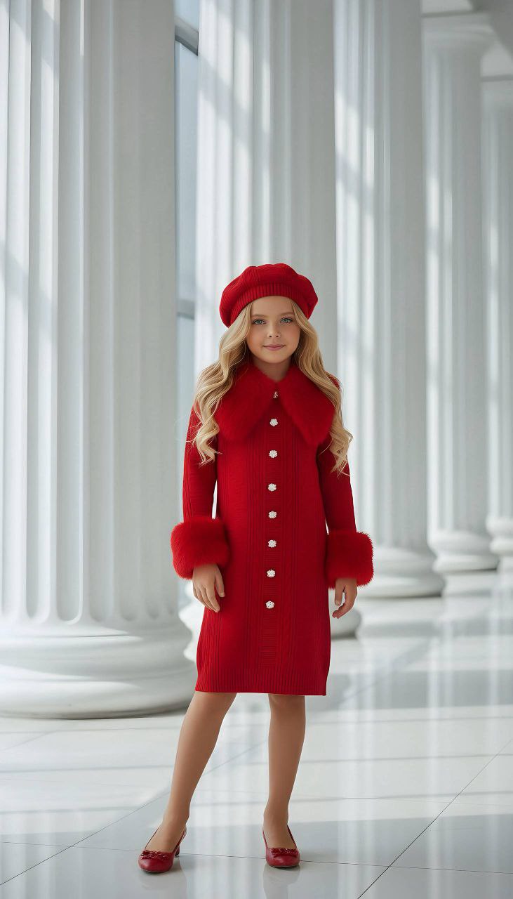 Luxury Winter Knit Red Dress With Faux Fur - Kids Girls (4-13Y)