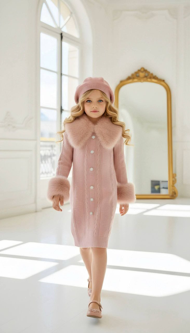 Luxury Winter Knit Pink Dress With Faux Fur - Kids Girls (4-13Y)