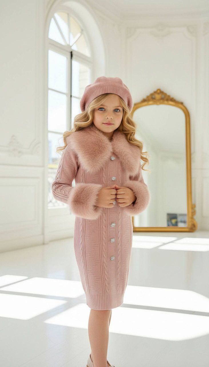 Luxury Winter Knit Pink Dress With Faux Fur - Kids Girls (4-13Y)
