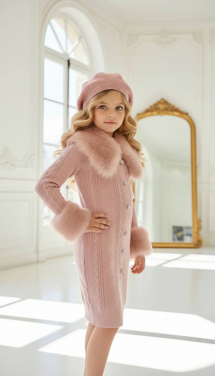 Luxury Winter Knit Pink Dress With Faux Fur - Kids Girls (4-13Y)