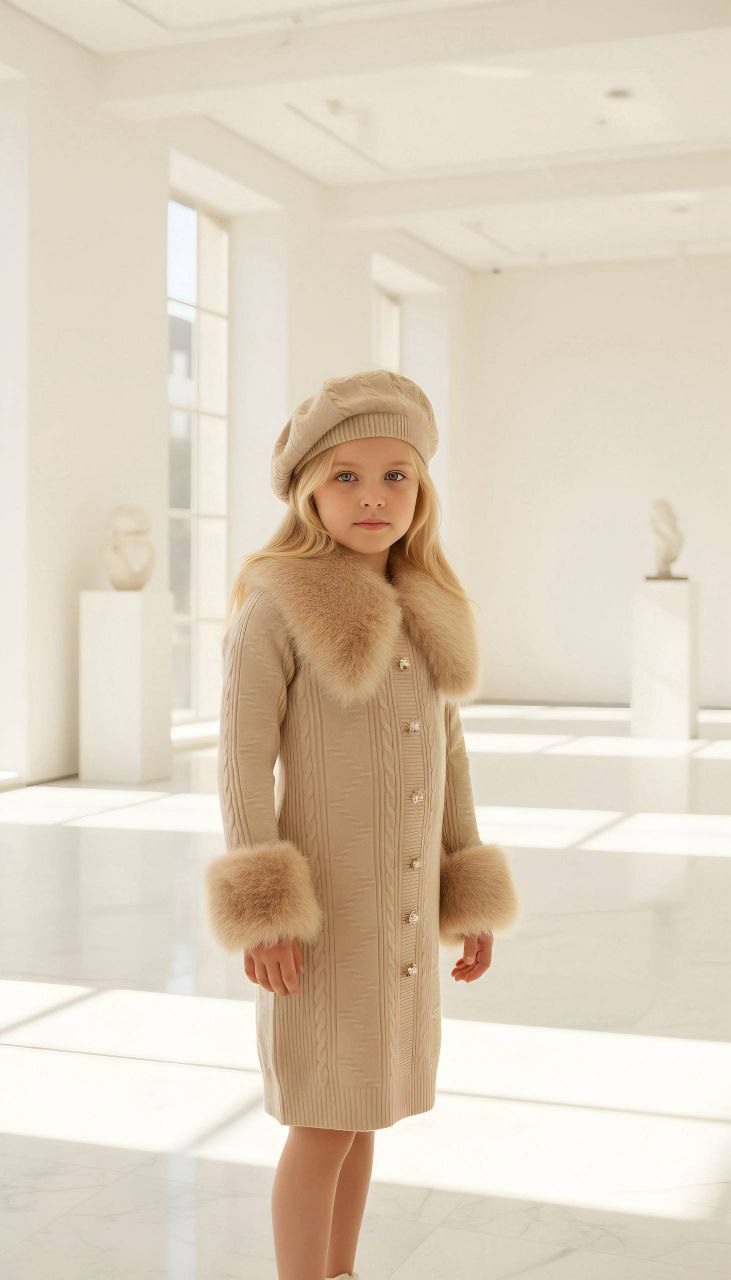 Luxury Winter Knit Beige Dress With Faux Fur - Kids Girls (4-13Y)